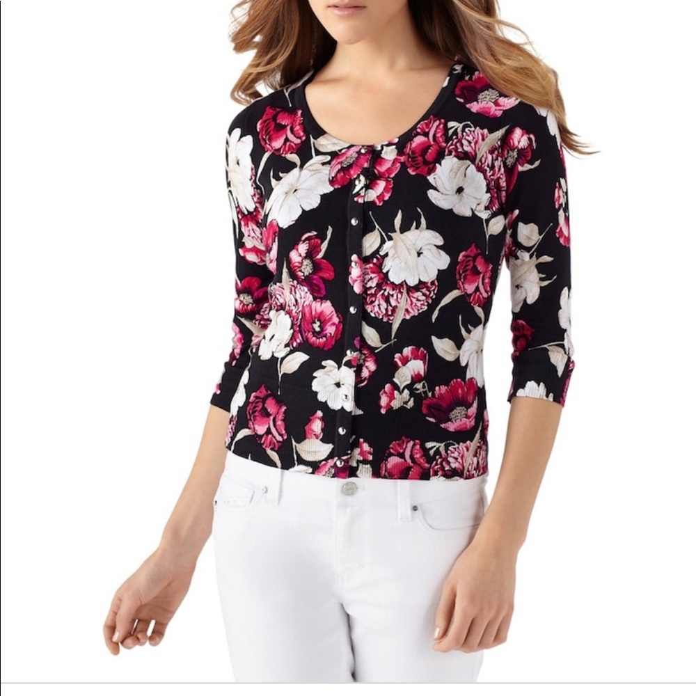 WHBM 3/4 Sleeve Berry Floral Cardigan
